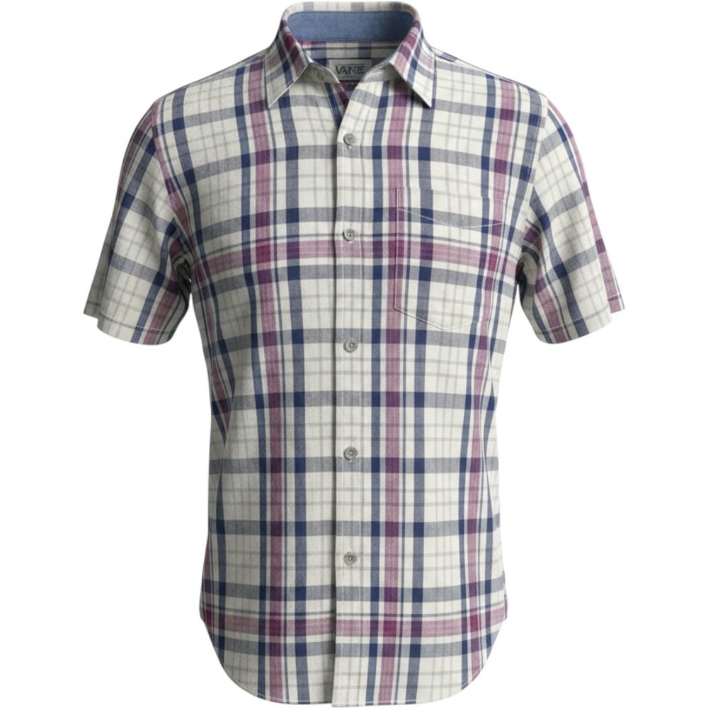 Vans Mens Large Short Sleeve Plaid Button Down Shirt Burgundy Blue White Casual